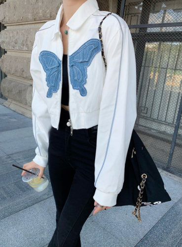 Early autumn niche butterfly embroidered reflective strip short jacket slim American hot girl niche right shoulder slim jacket