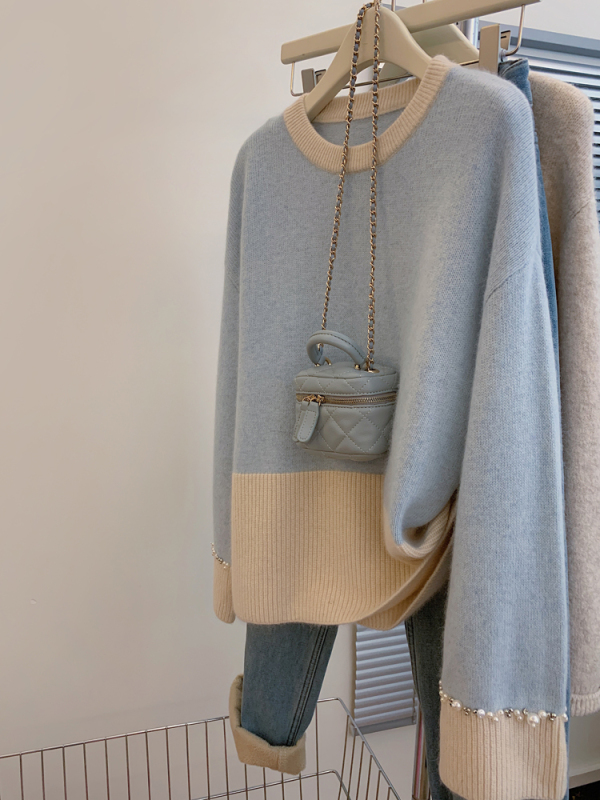 Raccoon velvet French retro color block sweater women's design cuff beading heavy industry niche sweater