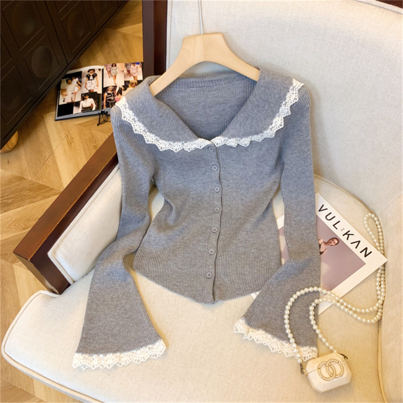 French lace doll collar knitted cardigan, autumn chic bell-sleeved cardigan, unique, unique and beautiful sweater