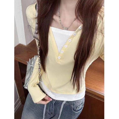 Fake two-piece milky yellow sweet hottie long-sleeved T-shirt women's new pure lust style slim short top