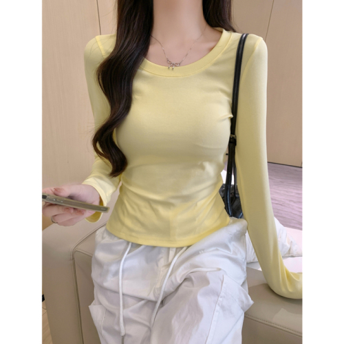 Actual shot of 40 count pure cotton 92 cotton/8 spandex U-neck long-sleeved women's T-shirt summer right shoulder slim fit large neckline