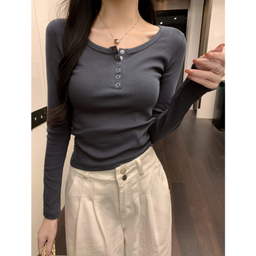 Real shot 40 count pure cotton autumn and winter long-sleeved T-shirt women's slim bottoming shirt solid color buttoned top