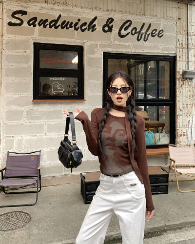 American Retro Portrait Long Sleeve T-Shirt Women's Autumn Slim Brown Slim Fit