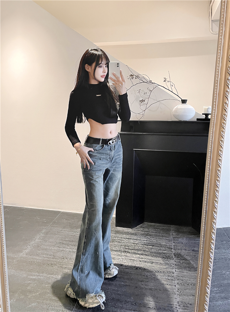 Real shot!  American retro raw edge hot diamond jeans for women washed casual loose slightly spicy trousers trendy