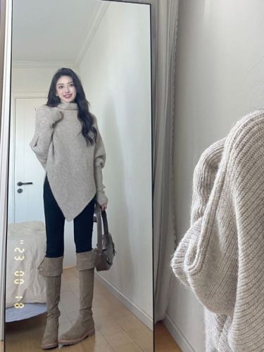 Irregular turtleneck sweater for women in autumn and winter new style gentle Korean style lazy style thickened knitted top