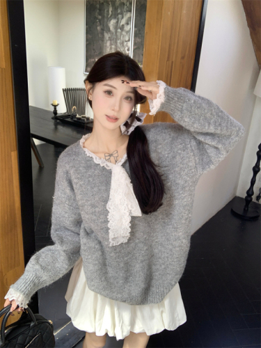 Actual shot of 2024 autumn new temperament fashionable lace splicing tie-neck sweater top loose sweater