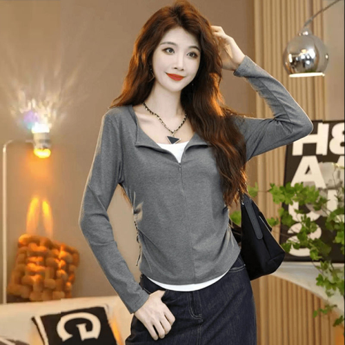 Autumn new fashion splicing contrasting color long-sleeved T-shirt women's fake two-piece zipper design slim slimming bottoming top