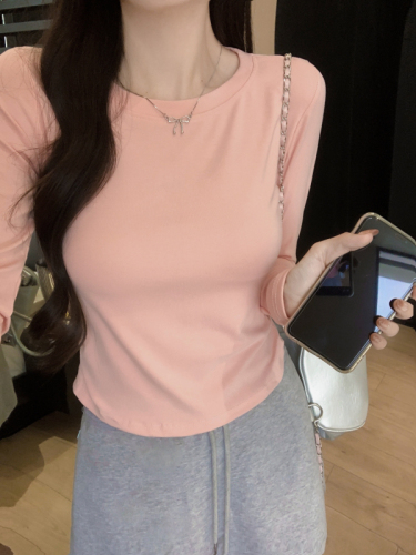 Autumn right shoulder T-shirt top slim pleated hot girl long-sleeved bottoming shirt