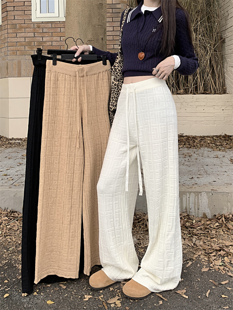 Real shot ~ Knitted jacquard wide-leg pants for women, high-waisted drawstring, loose slimming straight-leg floor-length casual pants