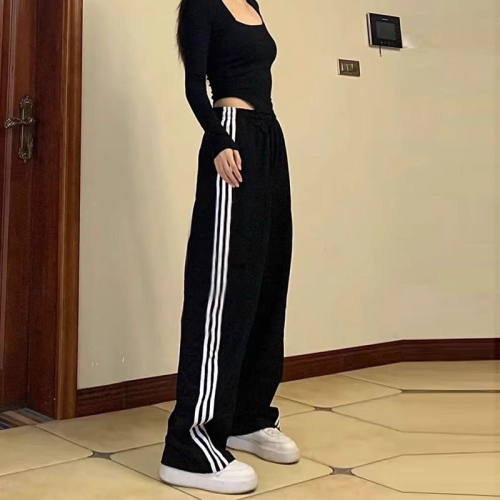 White and gray striped sweatpants for women spring and autumn 2024 new small wide-leg straight pants casual loose sports pants