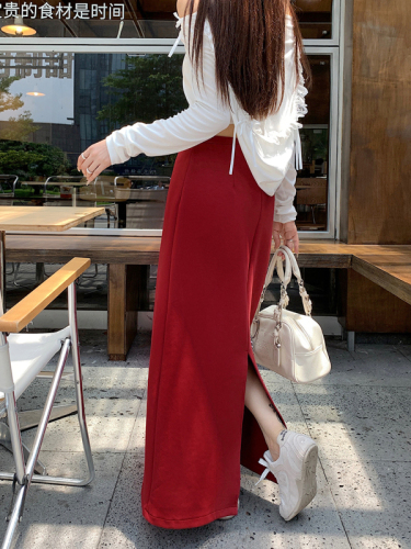 Real shot of lazy style gray casual skirt for women, high waist slit, hip-covering straight skirt, drapey mid-length skirt, guard skirt