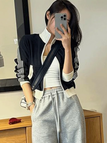 2024 Autumn and Winter Korean Style Fashion Simple Casual Baseball Uniform Color Block Sweater Jacket Zipper Cardigan Long Sleeve Top