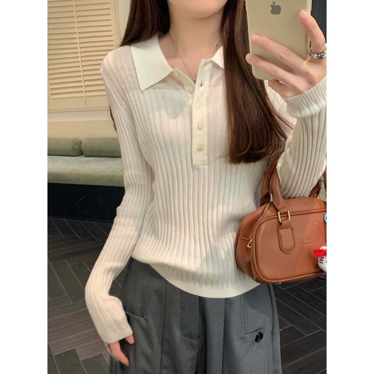 Real shot of autumn and winter Korean style temperament polo collar see-through versatile 6 wool sweater bottoming long-sleeved sweater
