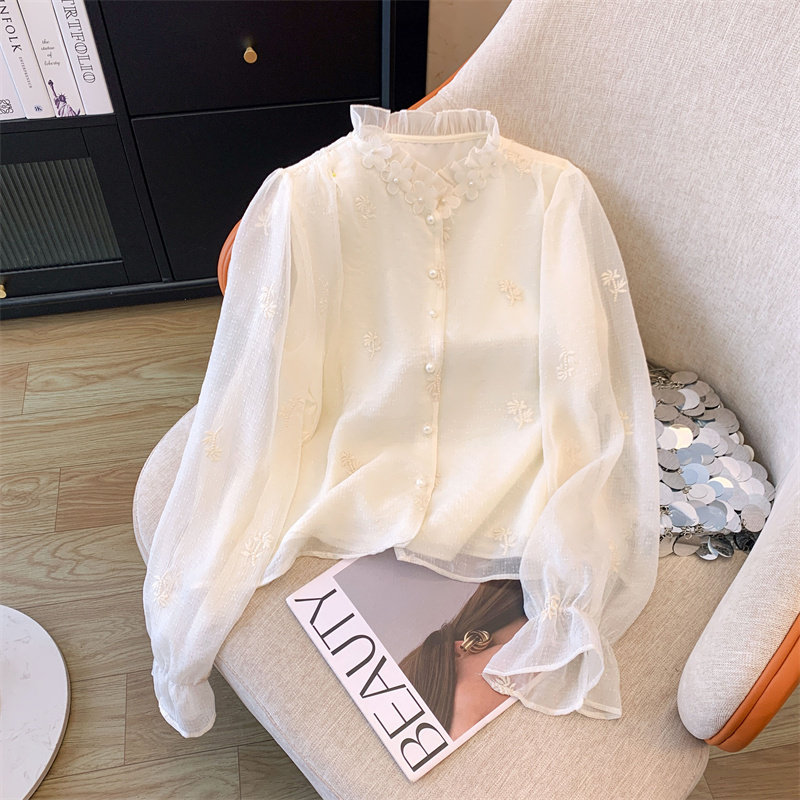 French style fungus edge stand collar chiffon shirt women's short style new super fairy flower beaded shirt top