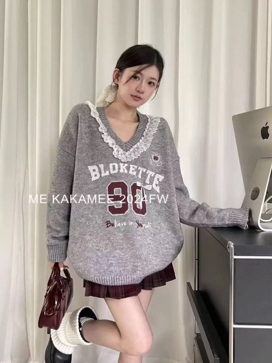 KAKAMEE 2024新款韓里韓氣蕾絲v領保暖毛衣女寬鬆大版甜美針織衫