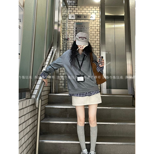 Korean fake two-piece plaid long-sleeved T-shirt for women in autumn and winter new style lazy style loose jacket