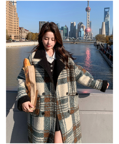 High-end retro style reversible plaid contrasting loose thickened double-breasted lapel lambswool jacket