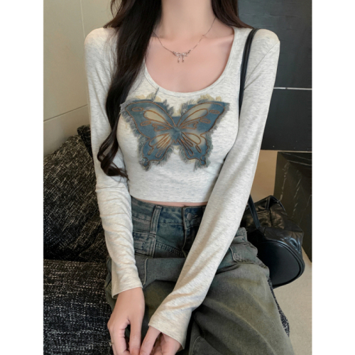 Real shot of 260g rayon patch butterfly large U-neck long-sleeved T-shirt pure lust style right shoulder versatile short top