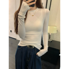 Real shot of autumn and winter Korean style round neck slim fit simple and versatile pure cotton bottoming shirt long-sleeved T-shirt top
