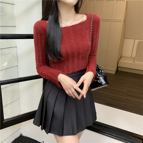 Real shot price soft waxy square neck short sweater women's plush long-sleeved sweater top