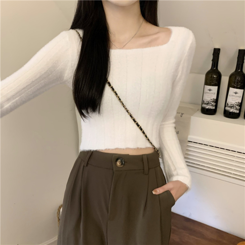 Real shot price soft waxy square neck short sweater women's plush long-sleeved sweater top