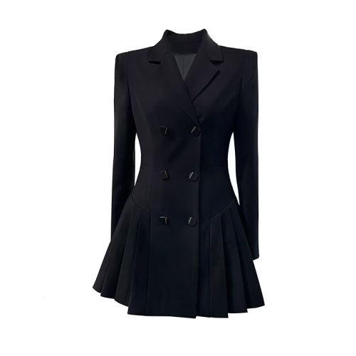 Black skirt autumn 2024 new style waist slimming design double-breasted pleated suit dress