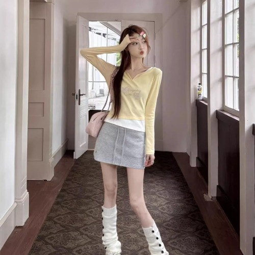 1*1 rayon Korean yellow long-sleeved T-shirt women's slimming fake two-piece short top