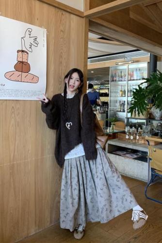 Real shot autumn new style lazy sweater floral bottom shirt butterfly print half skirt three-piece set 