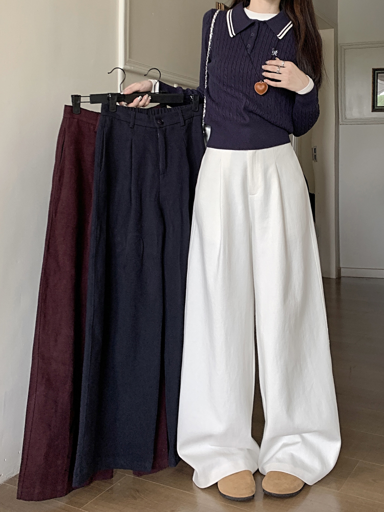 Shot Cotton Casual Pants for Women Autumn High-Waist Retro Solid Color Loose Wide Leg Pants with Drape Floor-Length Pants