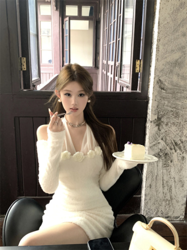 Photographed Mesh Patchwork Plush Hooded Sheath Dress Short Sleeve A-Line Dress