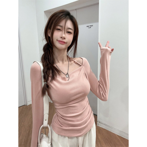 Swing collar, halter neck, clavicle-exposed long-sleeved T-shirt for women, autumn sweet style, slim-fitting short top ins