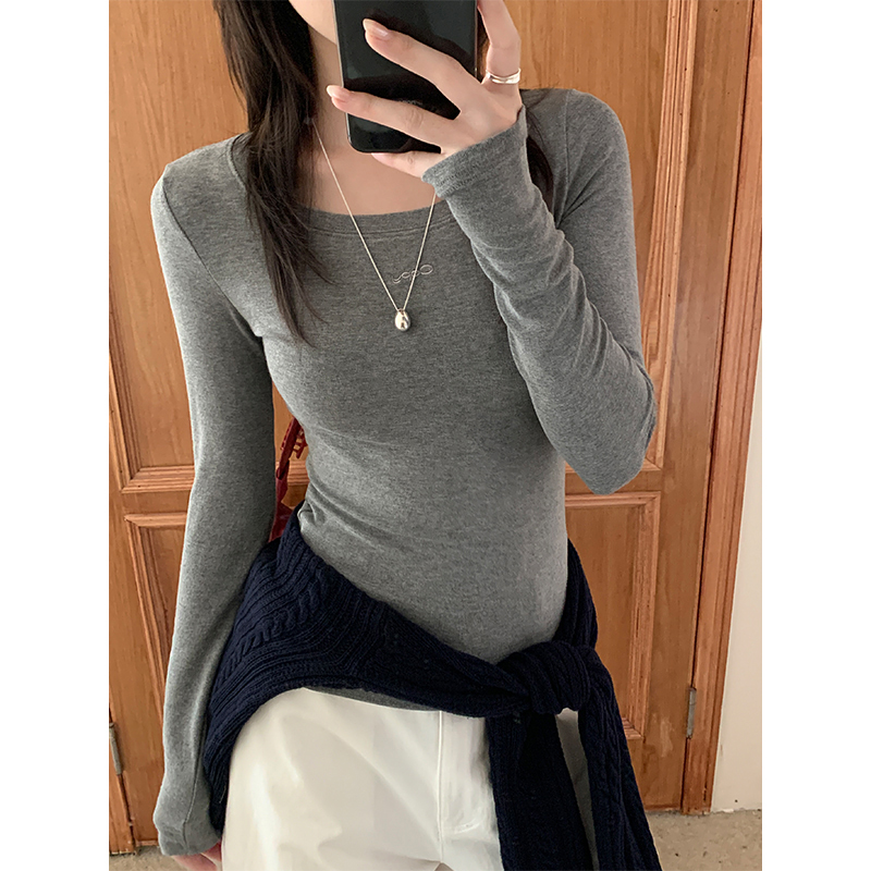 Photographed Autumn/Winter New Embroidered Versatile Base Shirt T-Shirt 2024 Layering Top for Innerwear and Outerwear U-Neck Slim Fit Short-Sleeve Top
