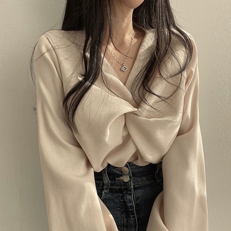 Korean chic autumn French style pleated V-neck twist design loose casual solid color long-sleeved shirt top