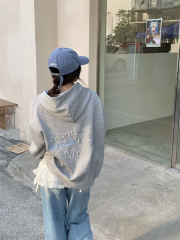 Real shot~ American style letter sequin hooded sweatshirt coat embroidery loose padded zipper coat 