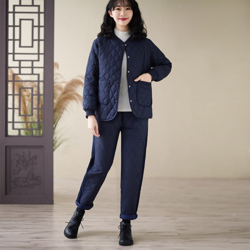 Two-piece cotton coat and trousers for women in autumn and winter rhombus quilted light cotton sleeves 2024 new mother's clothing short solid color