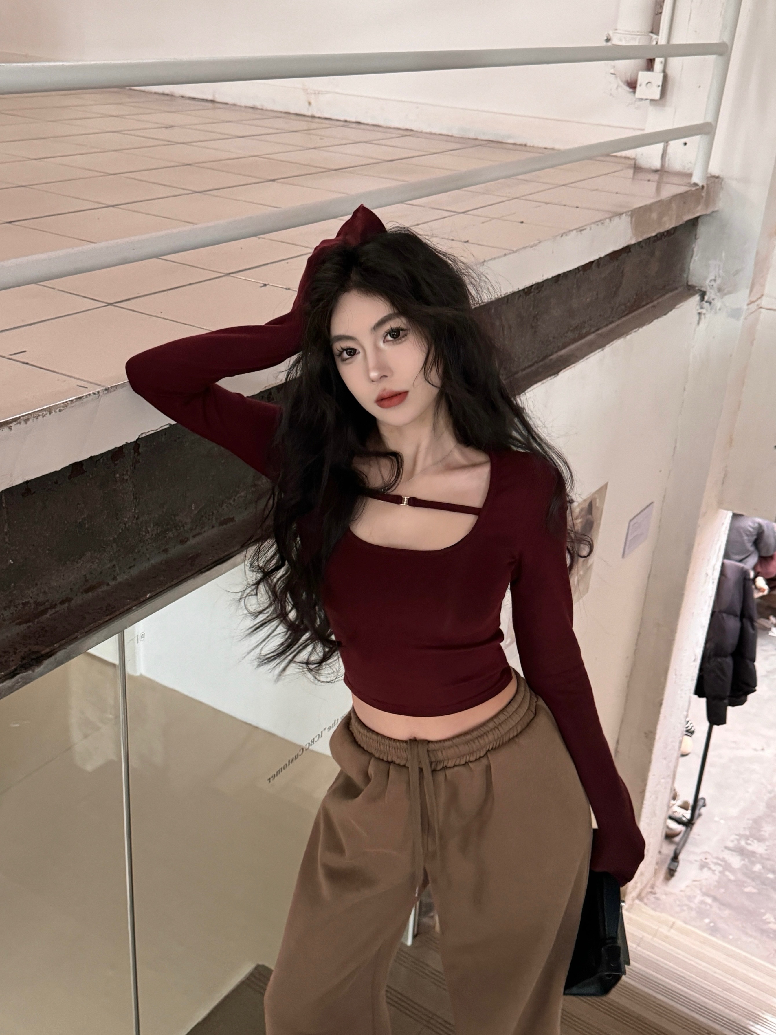 Photographed simple clever design sense top comfortable elastic long sleeve t-shirt base shirt