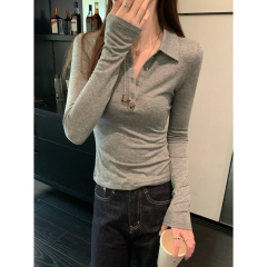 Real shot of autumn and winter Korean style temperament polo collar button lyocell Tencel versatile long-sleeved inner T-shirt top