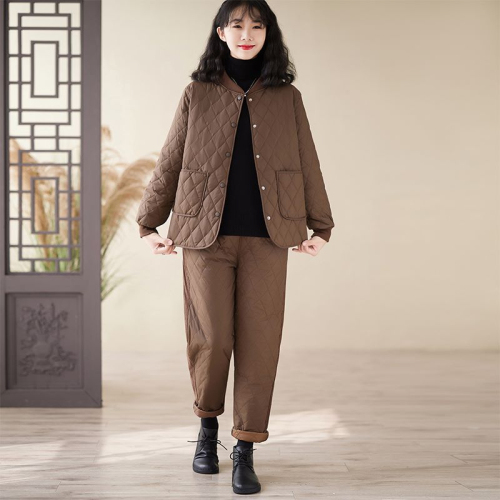 Two-piece cotton coat and trousers for women in autumn and winter rhombus quilted light cotton sleeves 2024 new mother's clothing short solid color