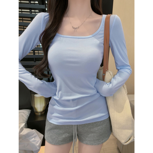 40 count pure cotton 92 cotton/8 spandex pure lust style U-neck T-shirt women's long-sleeved square neck bottoming shirt