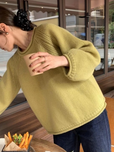 French style yellow knitted sweater pullover, gentle new style for women, thick stick stitch, loose and lazy style top for autumn