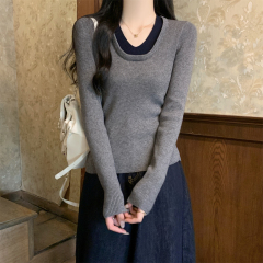 Actual shot of autumn and winter Korean style slim-fit contrasting fake two-piece Andy velvet sweater long-sleeved bottoming sweater top