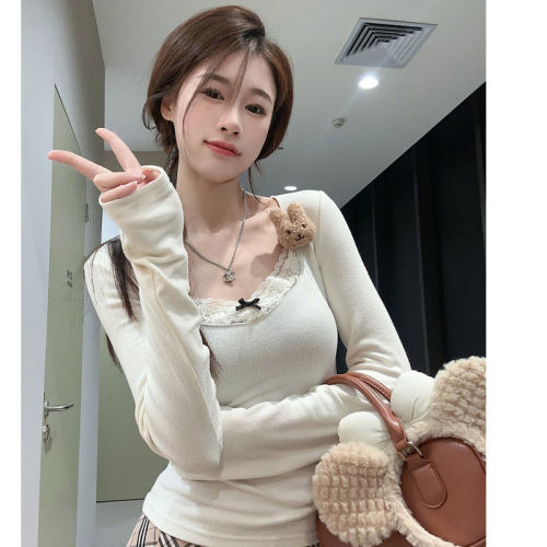 Lace splicing brushed warm bottoming shirt long-sleeved T-shirt for women autumn and winter gray slim fit inner with velvet thickened top