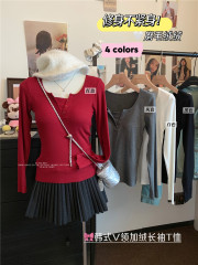 實拍~秋冬磨毛保暖上衣修身內搭帶胸墊長袖打底上衣