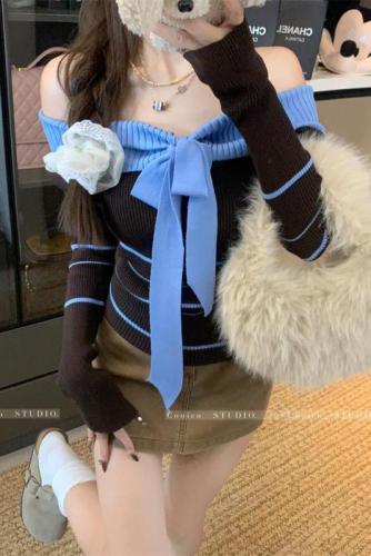 Photographed Design Sense Contrast Striped One-Shoulder Knit Top Early Autumn Soft and Silky Fitted Short Sleeveless Upfront Top