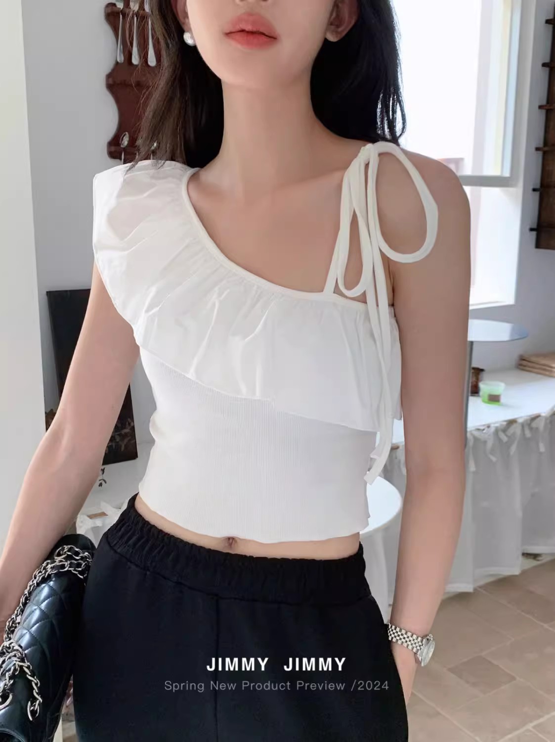 Pure lust style hot girl ruffled sexy vest women's new summer new slant collar off-shoulder short one-shoulder slim top trendy