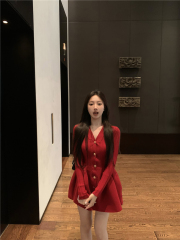 Real shot of fashionable and elegant long-sleeved slim-fitting waist knitted puffy dress, high-end, versatile and beautiful skirt