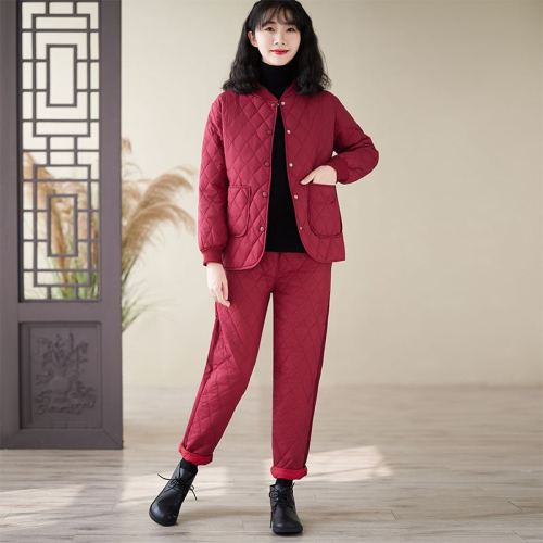 Two-piece cotton coat and trousers for women in autumn and winter rhombus quilted light cotton sleeves 2024 new mother's clothing short solid color