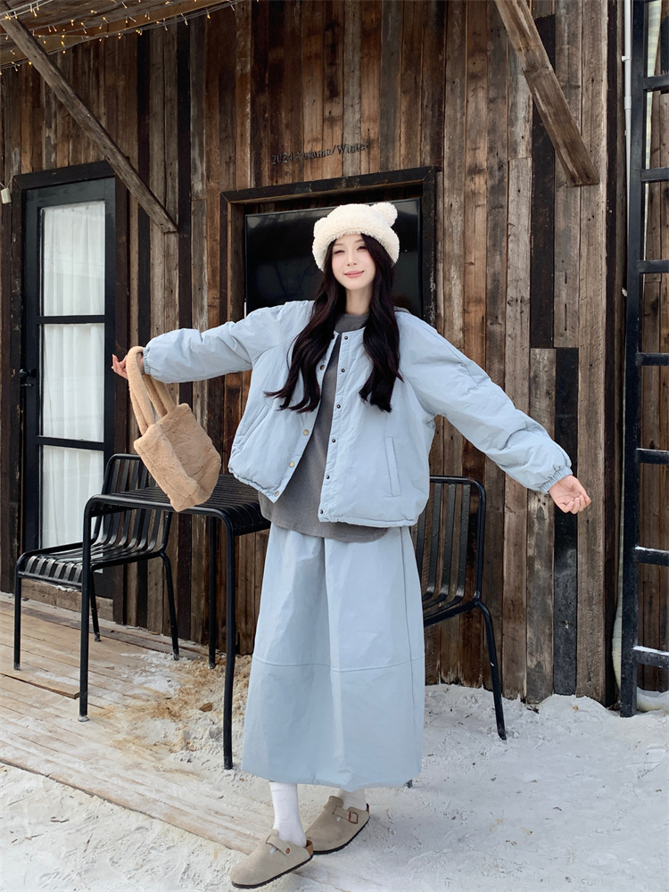 實拍~大碼寬鬆連帽衛衣+圓領長袖棉衣外套+半身裙三件套裝女