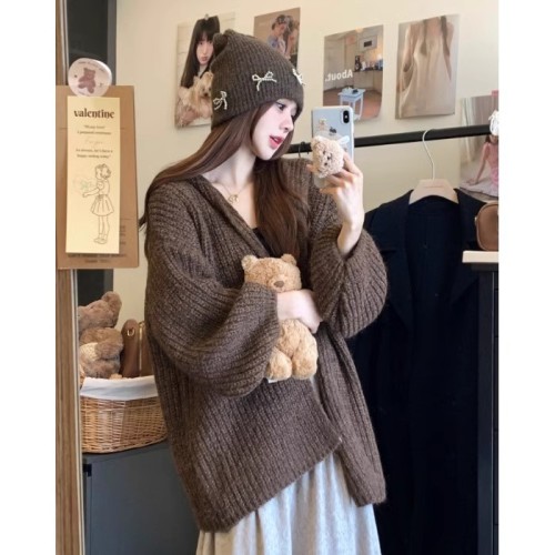 2024年秋季女装厚实慵懒软糯连帽灯笼袖针织毛衣开衫外套显瘦上衣