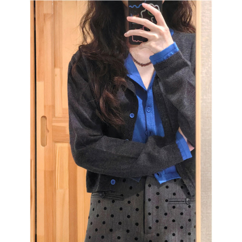 假两件撞色拼接针织开衫女早秋季韩系高级感穿搭毛衣外套chic上衣